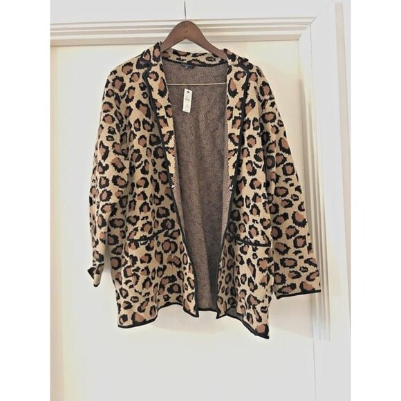 NWT 2X WomanTALBOTS Leopard Open Front Cozy Retro Teacher‎ Sweater Cardigan - Picture 1 of 6